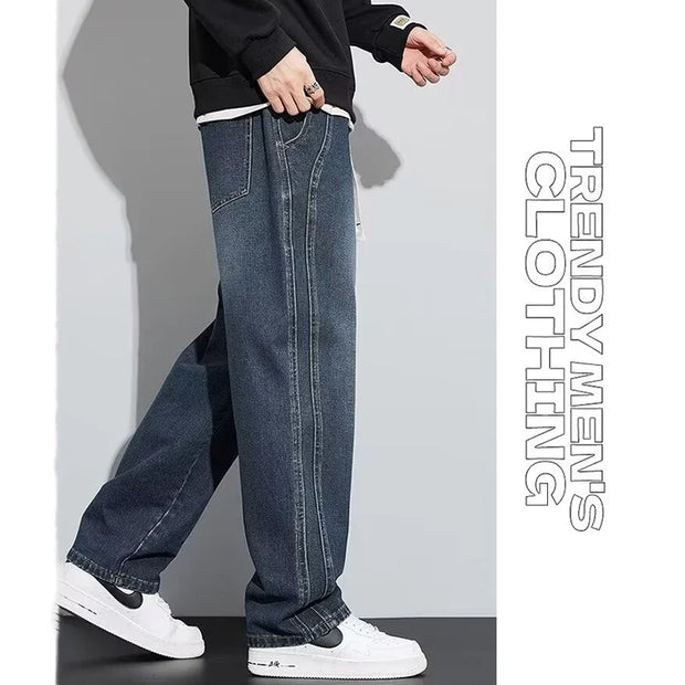 Men Loose Casual Jeans Male Fashion Brand Straight Wide Leg Baggy Denim Trousers High Waist Comfortable Solid Color Long Pants