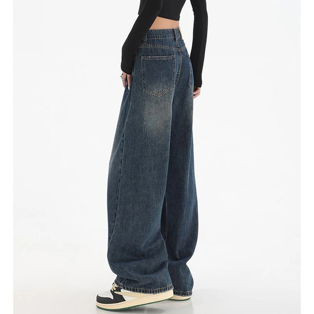 Women Fashion Casual Straight Leg Jeans Female Korean High Waist Denim Trousers Girls Comfortable Loose Fit Daily Pants