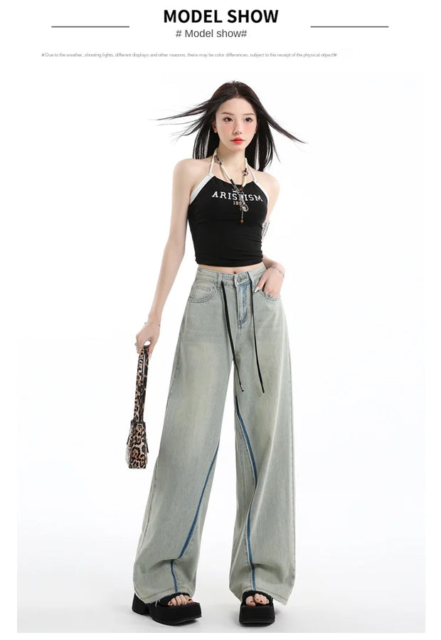Casual High Waist Womens Jeans Wide Leg Pants Vintage American Blue Denim Comfortable Straight Long Trousers