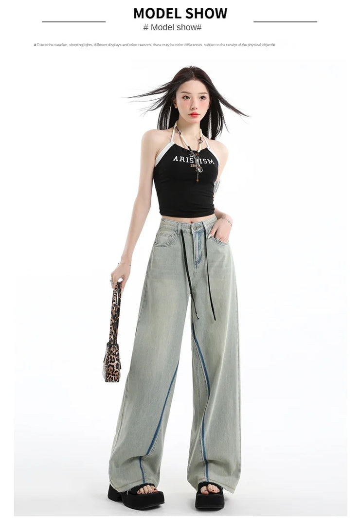 Casual High Waist Womens Jeans Wide Leg Pants Vintage American Blue Denim Comfortable Straight Long Trousers