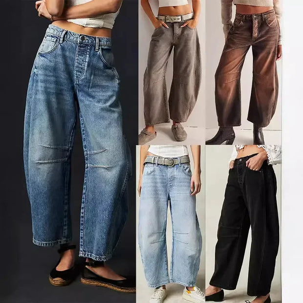 Women Loose Mid Waist Jeans Denim Full Length Pants Sexy Fashion Solid Color Trousers Denim Pockets Bleached
