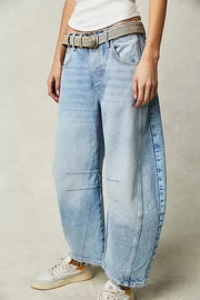 Women Loose Mid Waist Jeans Denim Full Length Pants Sexy Fashion Solid Color Trousers Denim Pockets Bleached