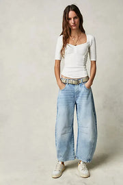 Women Loose Mid Waist Jeans Denim Full Length Pants Sexy Fashion Solid Color Trousers Denim Pockets Bleached