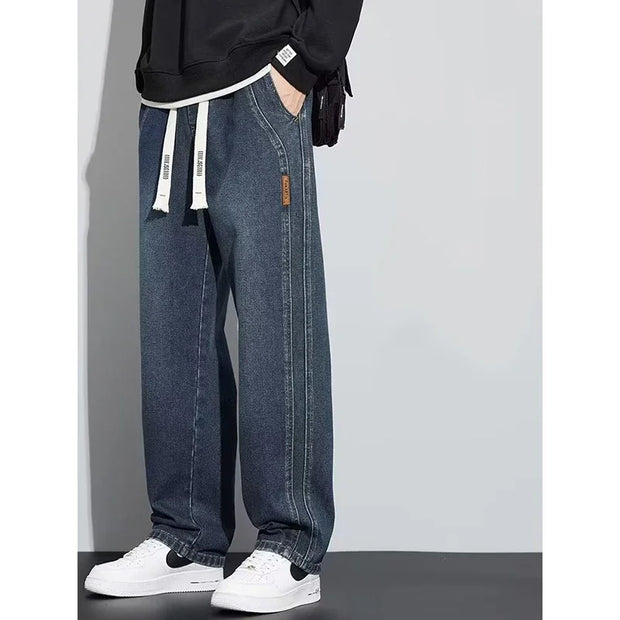 Men Loose Casual Jeans Male Fashion Brand Straight Wide Leg Baggy Denim Trousers High Waist Comfortable Solid Color Long Pants