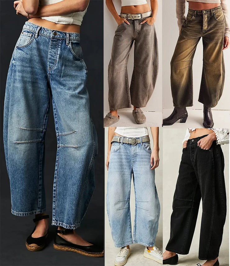 Women Loose Mid Waist Jeans Denim Full Length Pants Sexy Fashion Solid Color Trousers Denim Pockets Bleached
