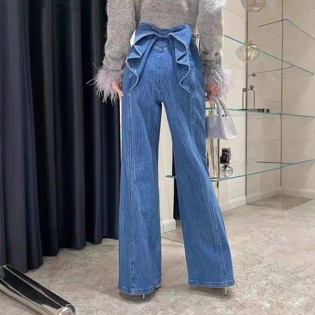Denim Pant Jeans Women Wide Leg Long Pants High Waist Bow Straight Trousers Y2k Streetwear Casual Party Elegant Work Mom 2025