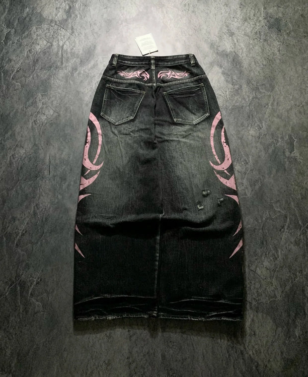 Denim Pant Women Jeans Wide Leg Long Pants Hole High Waist Straight Trousers Y2k Streetwear Print Mom Jeans Casual Loose 2025