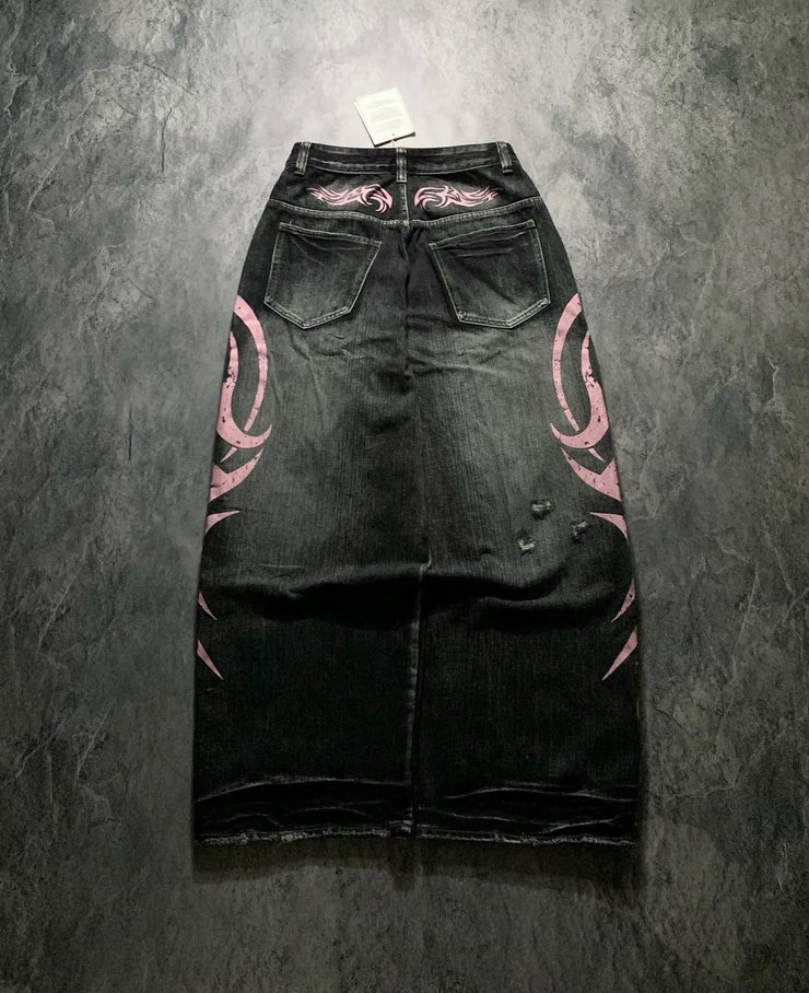 Denim Pant Women Jeans Wide Leg Long Pants Hole High Waist Straight Trousers Y2k Streetwear Print Mom Jeans Casual Loose 2025