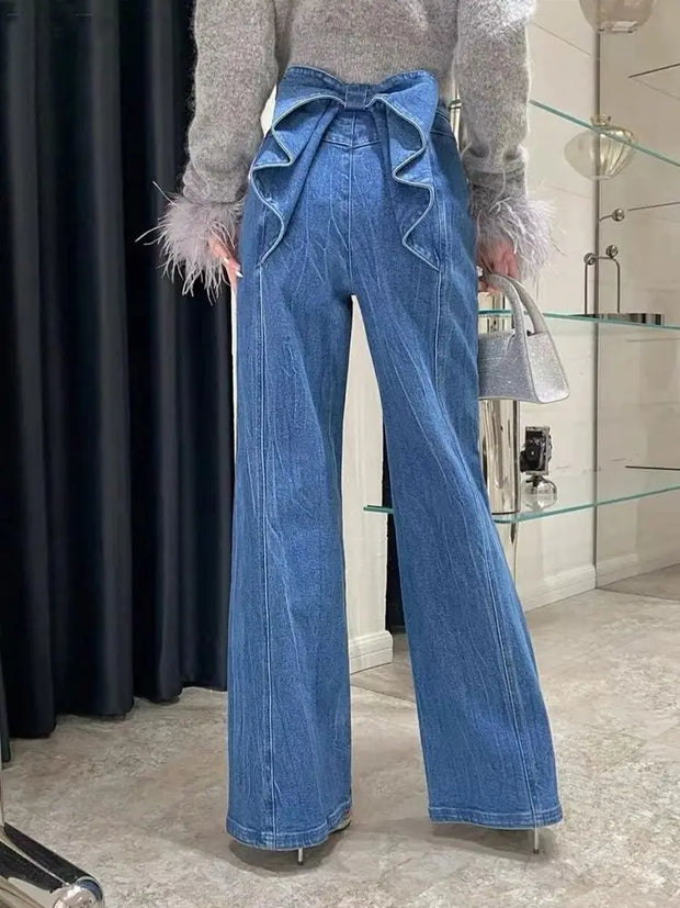 Denim Pant Jeans Women Wide Leg Long Pants High Waist Bow Straight Trousers Y2k Streetwear Casual Party Elegant Work Mom 2025