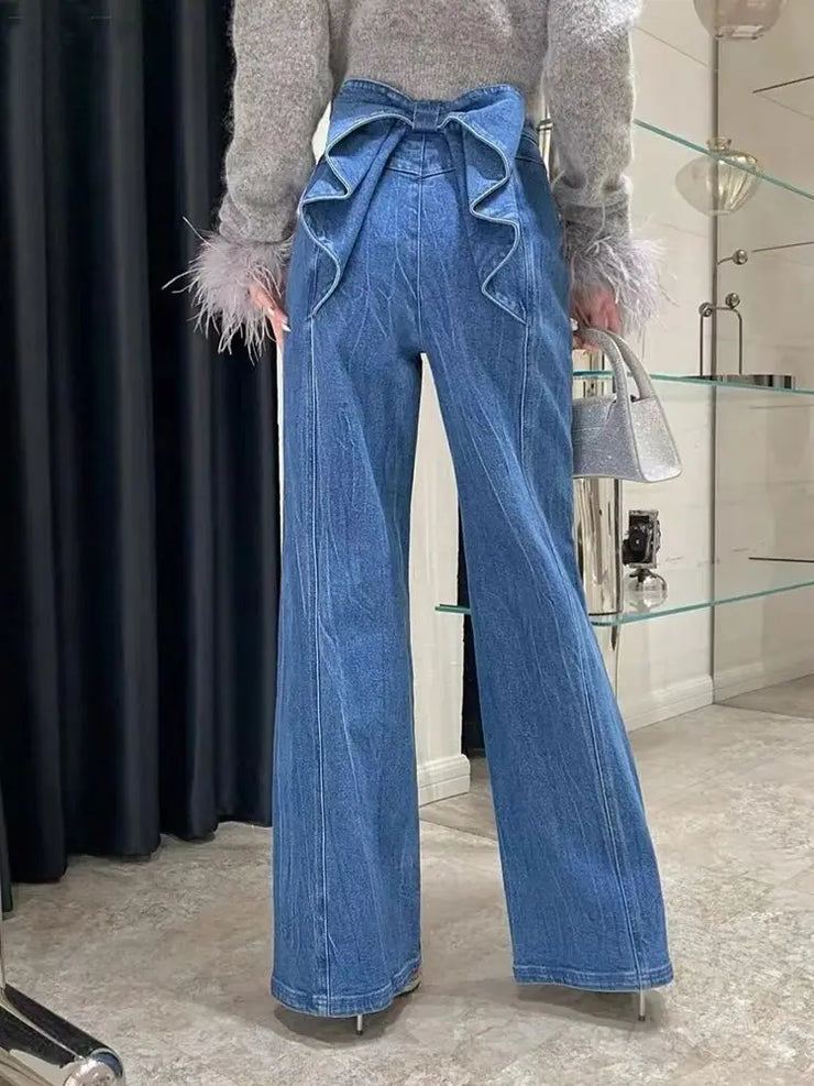 Denim Pant Jeans Women Wide Leg Long Pants High Waist Bow Straight Trousers Y2k Streetwear Casual Party Elegant Work Mom 2025