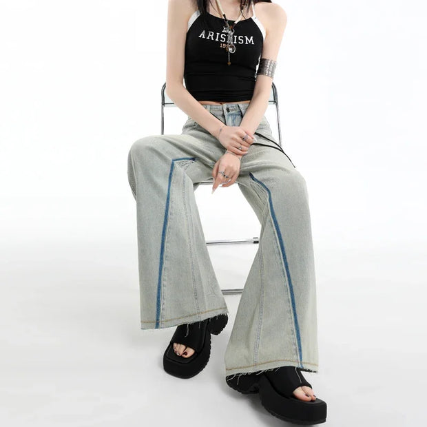 Casual High Waist Womens Jeans Wide Leg Pants Vintage American Blue Denim Comfortable Straight Long Trousers