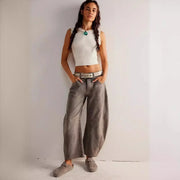 Women Loose Mid Waist Jeans Denim Full Length Pants Sexy Fashion Solid Color Trousers Denim Pockets Bleached