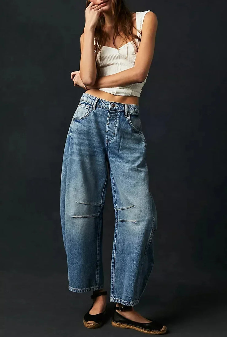 Women Jeans Denim pant Wide Leg Pants Ankle Length Washing Pockets Mid Waist Distressed Spliced High Street Solid Loose Fit 2025