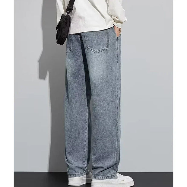 Men Loose Casual Jeans Male Fashion Brand Straight Wide Leg Baggy Denim Trousers High Waist Comfortable Solid Color Long Pants