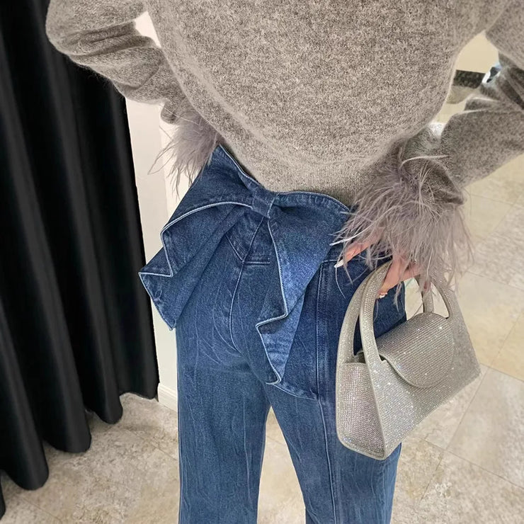 Denim Pant Jeans Women Wide Leg Long Pants High Waist Bow Straight Trousers Y2k Streetwear Casual Party Elegant Work Mom 2025