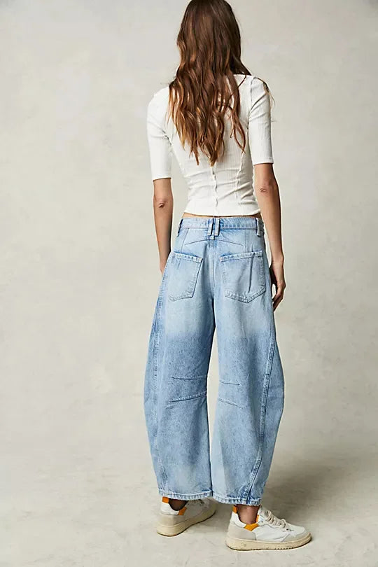 Women Loose Mid Waist Jeans Denim Full Length Pants Sexy Fashion Solid Color Trousers Denim Pockets Bleached