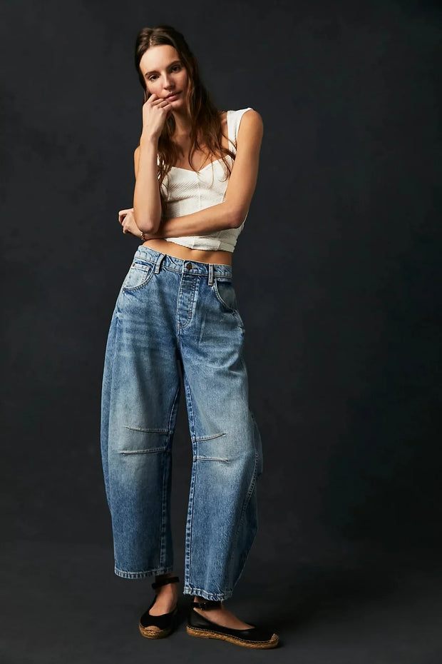 Women Loose Mid Waist Jeans Denim Full Length Pants Sexy Fashion Solid Color Trousers Denim Pockets Bleached