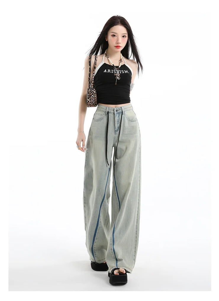 Casual High Waist Womens Jeans Wide Leg Pants Vintage American Blue Denim Comfortable Straight Long Trousers