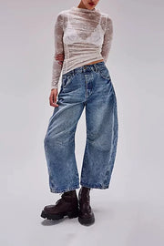 Women Jeans Denim pant Wide Leg Pants Ankle Length Washing Pockets Mid Waist Distressed Spliced High Street Solid Loose Fit 2025
