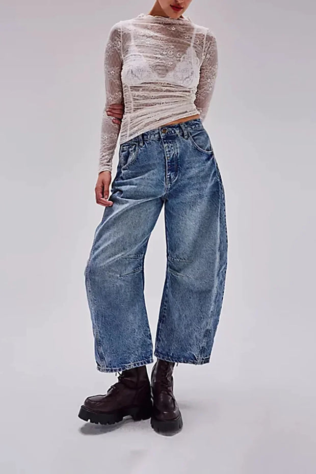Women Jeans Denim pant Wide Leg Pants Ankle Length Washing Pockets Mid Waist Distressed Spliced High Street Solid Loose Fit 2025