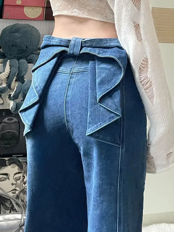 Denim Pant Jeans Women Wide Leg Long Pants High Waist Bow Straight Trousers Y2k Streetwear Casual Party Elegant Work Mom 2025