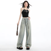 Casual High Waist Womens Jeans Wide Leg Pants Vintage American Blue Denim Comfortable Straight Long Trousers