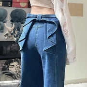Denim Pant Jeans Women Wide Leg Long Pants High Waist Bow Straight Trousers Y2k Streetwear Casual Party Elegant Work Mom 2025