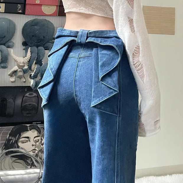 Denim Pant Jeans Women Wide Leg Long Pants High Waist Bow Straight Trousers Y2k Streetwear Casual Party Elegant Work Mom 2025
