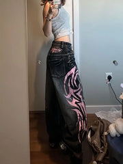 Denim Pant Women Jeans Wide Leg Long Pants Hole High Waist Straight Trousers Y2k Streetwear Print Mom Jeans Casual Loose 2025
