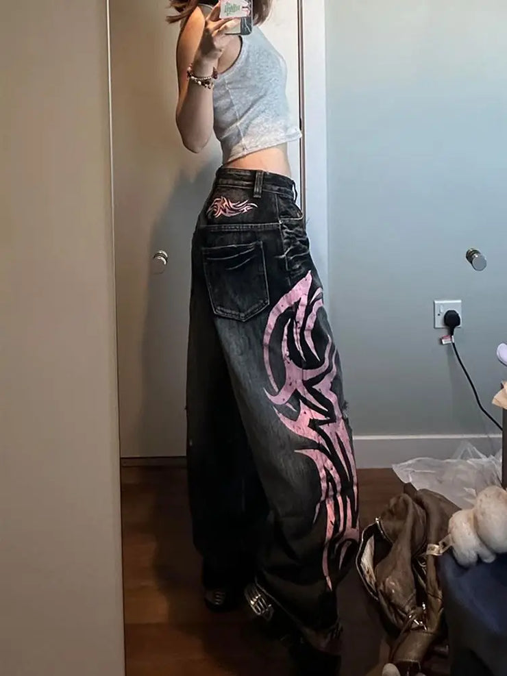 Denim Pant Women Jeans Wide Leg Long Pants Hole High Waist Straight Trousers Y2k Streetwear Print Mom Jeans Casual Loose 2025