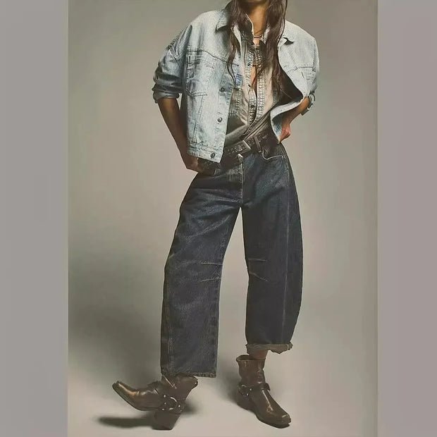 Women Jeans Denim pant Wide Leg Pants Ankle Length Washing Pockets Mid Waist Distressed Spliced High Street Solid Loose Fit 2025