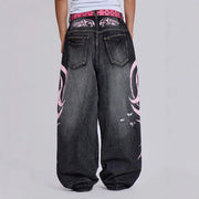 Denim Pant Women Jeans Wide Leg Long Pants Hole High Waist Straight Trousers Y2k Streetwear Print Mom Jeans Casual Loose 2025