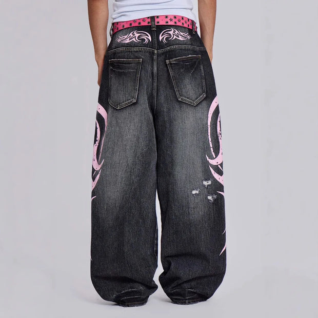 Denim Pant Women Jeans Wide Leg Long Pants Hole High Waist Straight Trousers Y2k Streetwear Print Mom Jeans Casual Loose 2025