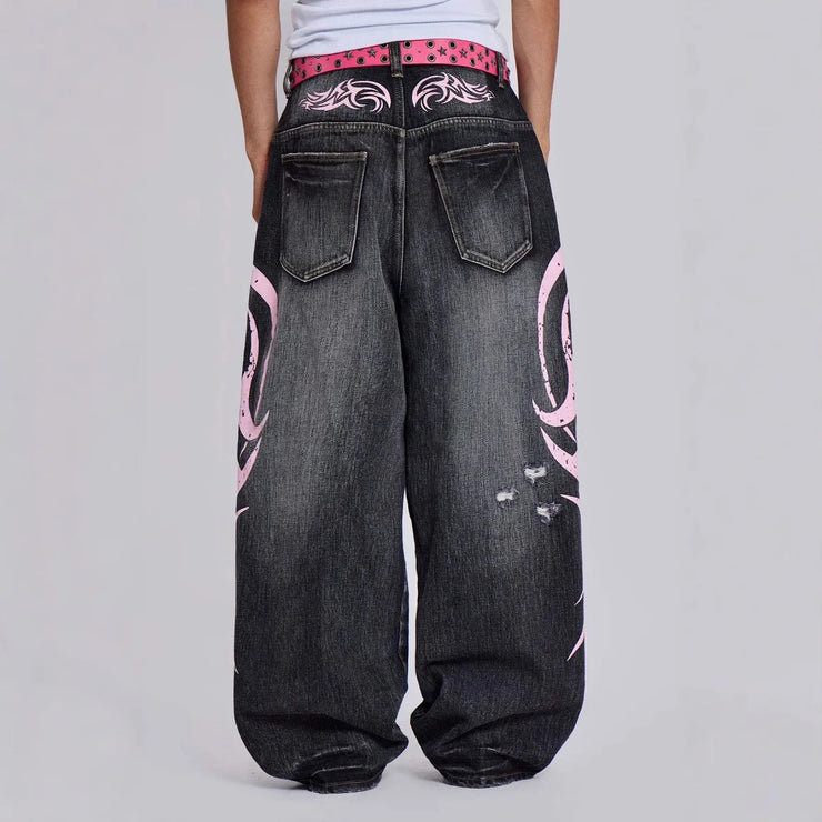 Denim Pant Women Jeans Wide Leg Long Pants Hole High Waist Straight Trousers Y2k Streetwear Print Mom Jeans Casual Loose 2025