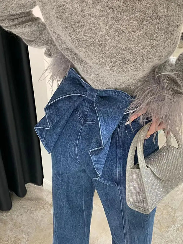 Denim Pant Jeans Women Wide Leg Long Pants High Waist Bow Straight Trousers Y2k Streetwear Casual Party Elegant Work Mom 2025