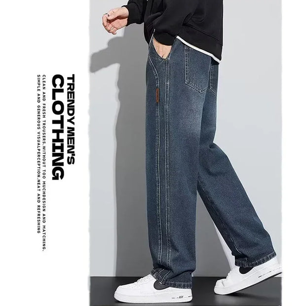 Men Loose Casual Jeans Male Fashion Brand Straight Wide Leg Baggy Denim Trousers High Waist Comfortable Solid Color Long Pants