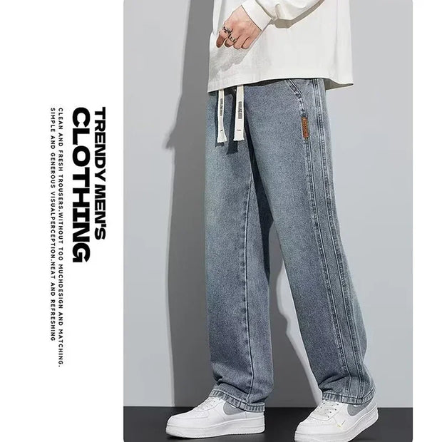 Men Loose Casual Jeans Male Fashion Brand Straight Wide Leg Baggy Denim Trousers High Waist Comfortable Solid Color Long Pants