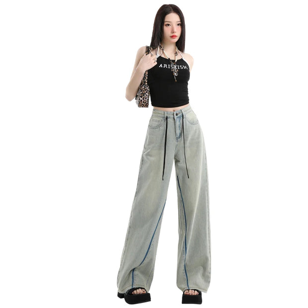 Casual High Waist Womens Jeans Wide Leg Pants Vintage American Blue Denim Comfortable Straight Long Trousers