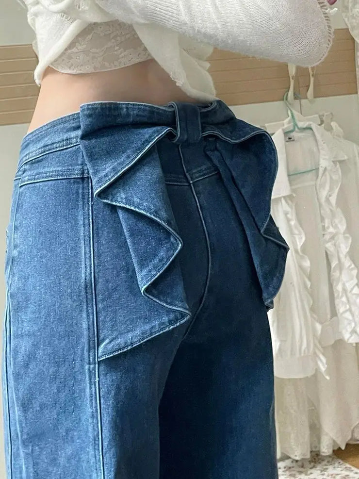 Denim Pant Jeans Women Wide Leg Long Pants High Waist Bow Straight Trousers Y2k Streetwear Casual Party Elegant Work Mom 2025