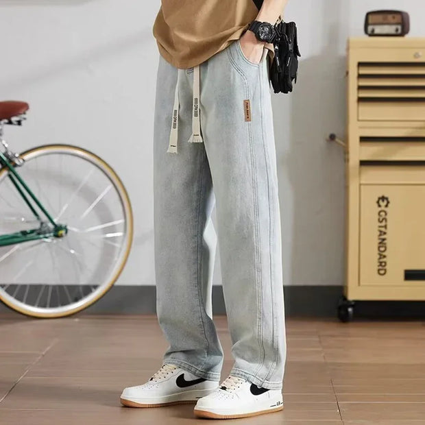 Men Loose Casual Jeans Male Fashion Brand Straight Wide Leg Baggy Denim Trousers High Waist Comfortable Solid Color Long Pants