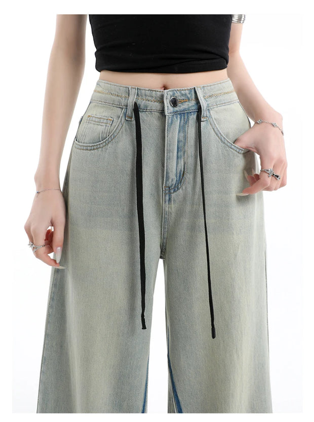 Casual High Waist Womens Jeans Wide Leg Pants Vintage American Blue Denim Comfortable Straight Long Trousers