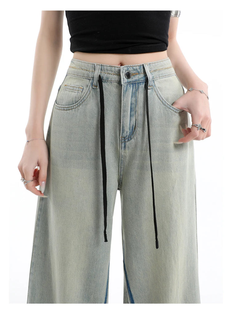 Casual High Waist Womens Jeans Wide Leg Pants Vintage American Blue Denim Comfortable Straight Long Trousers