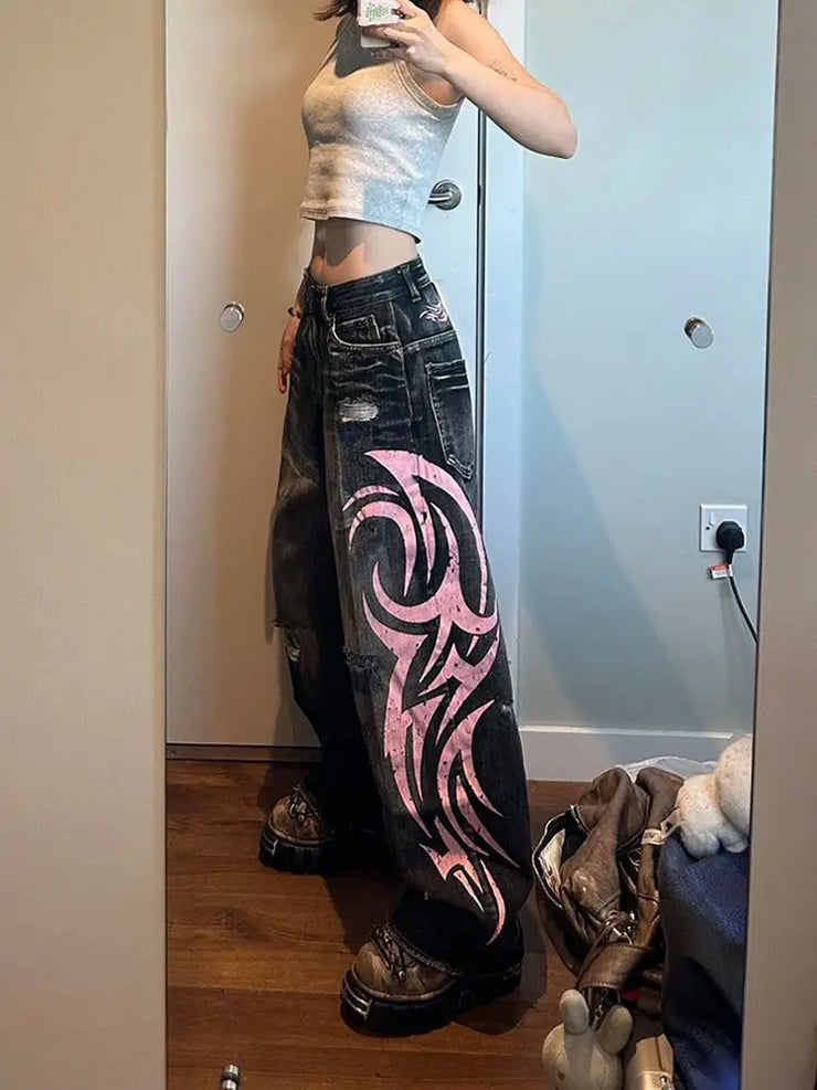Denim Pant Women Jeans Wide Leg Long Pants Hole High Waist Straight Trousers Y2k Streetwear Print Mom Jeans Casual Loose 2025