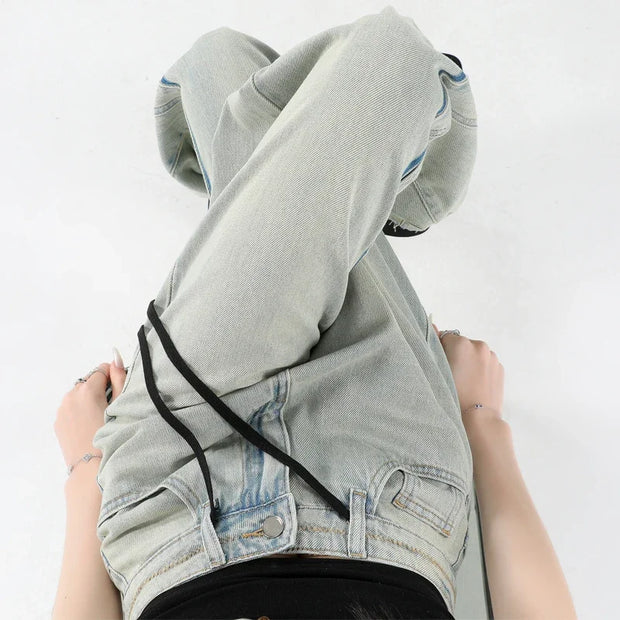 Casual High Waist Womens Jeans Wide Leg Pants Vintage American Blue Denim Comfortable Straight Long Trousers