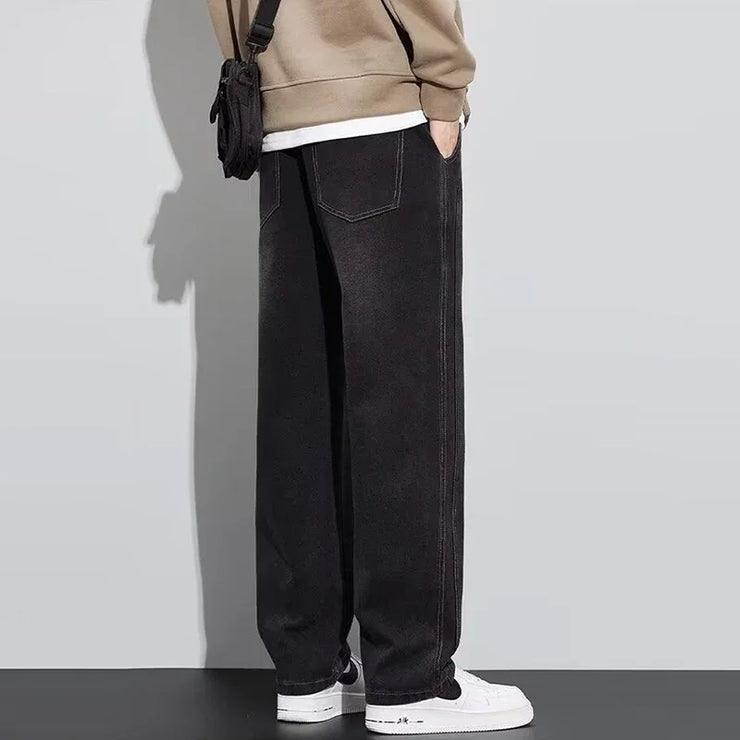Men Loose Casual Jeans Male Fashion Brand Straight Wide Leg Baggy Denim Trousers High Waist Comfortable Solid Color Long Pants