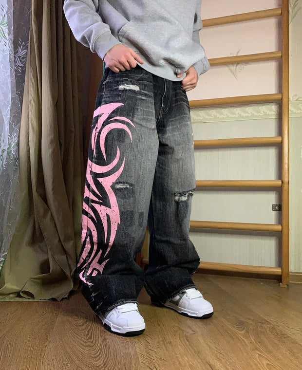 Denim Pant Women Jeans Wide Leg Long Pants Hole High Waist Straight Trousers Y2k Streetwear Print Mom Jeans Casual Loose 2025