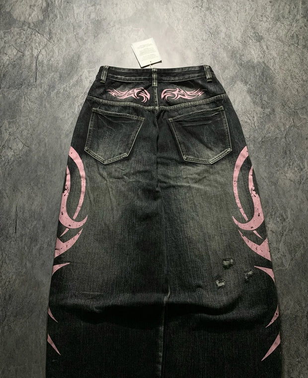 Denim Pant Women Jeans Wide Leg Long Pants Hole High Waist Straight Trousers Y2k Streetwear Print Mom Jeans Casual Loose 2025