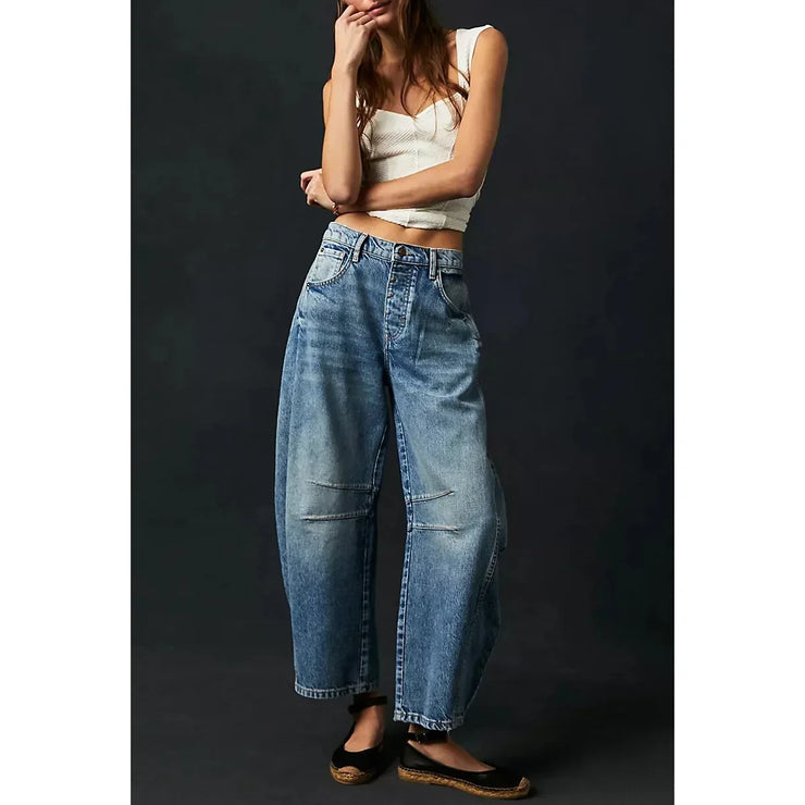 Women Jeans Denim pant Wide Leg Pants Ankle Length Washing Pockets Mid Waist Distressed Spliced High Street Solid Loose Fit 2025