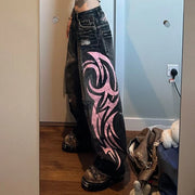 Denim Pant Women Jeans Wide Leg Long Pants Hole High Waist Straight Trousers Y2k Streetwear Print Mom Jeans Casual Loose 2025