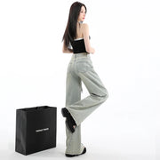 Casual High Waist Womens Jeans Wide Leg Pants Vintage American Blue Denim Comfortable Straight Long Trousers